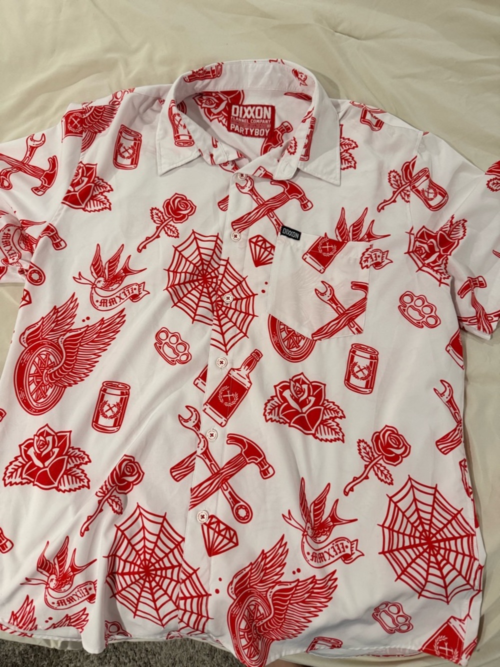 DIXXON White Short Sleeve Button-Down with Red Tattoo Print